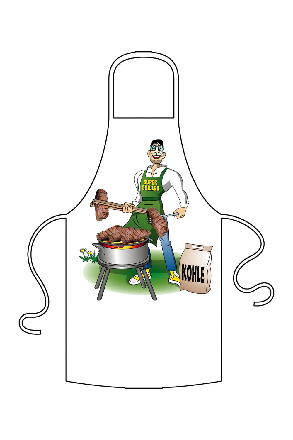 Eine trendige Fun Grillschuerze mit witziger Abbildung. Mit Dieser Supergriller Schuerze macht das Grillen noch viel mehr Spass. Natuerlich kann diese Schuerze auch als Kochschuerze verwendet werden. Die Textilfarbe ist weiss.