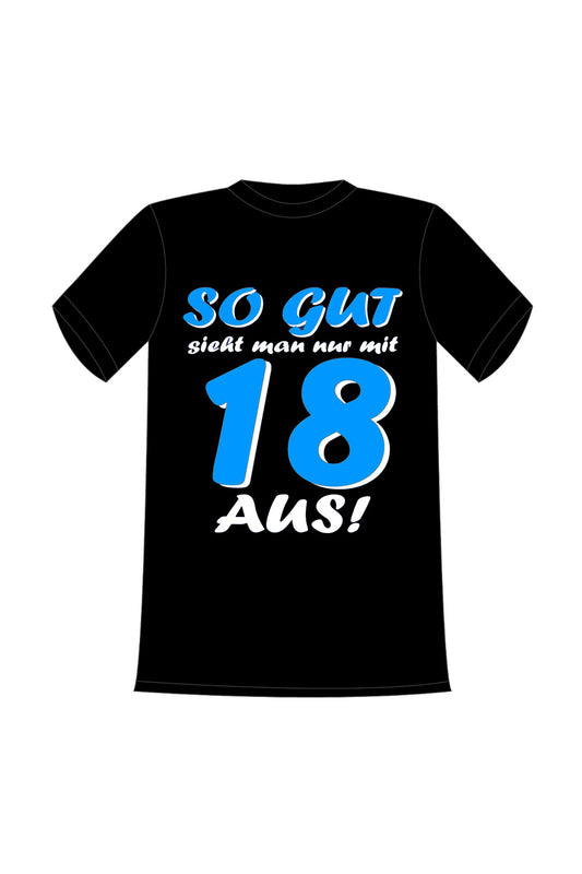 Das bedruckte T-Shirt ist ein perfektes Geschenk zum 18. Geburstag. Das Funshirt ist aus 100% Baumwolle und hat folgenden Spruch aufgedruckt: So gut sieht man nur mit 18 aus! Die T-Shirt Groesse kann ausgewaehlt werden. Ein witziges Mitbringsel  fuer den Mann und die Frau.