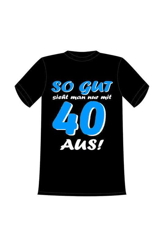 Das bedruckte Spruch Shirt ist ein perfektes Geschenk zum 40. Geburstag. Das Funshirt ist aus 100% Baumwolle und hat folgenden Spruch aufgedruckt: So gut sieht man nur mit 40 aus! Die T-Shirt Groesse kann ausgewaehlt werden. Ein witziges Mitbringsel  fuer den Mann und die Frau.
