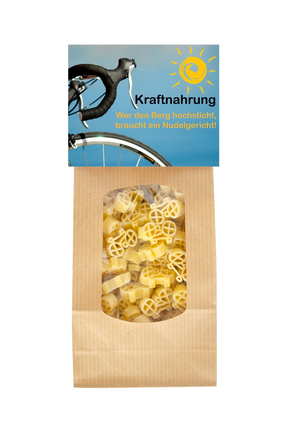 Die Kraftnahrung Pasta sind in Velo Form. Mit dem Spruch: Wer den Berg hochsticht, braucht ein Nudelgericht. Ideales Pasta Geschenk!