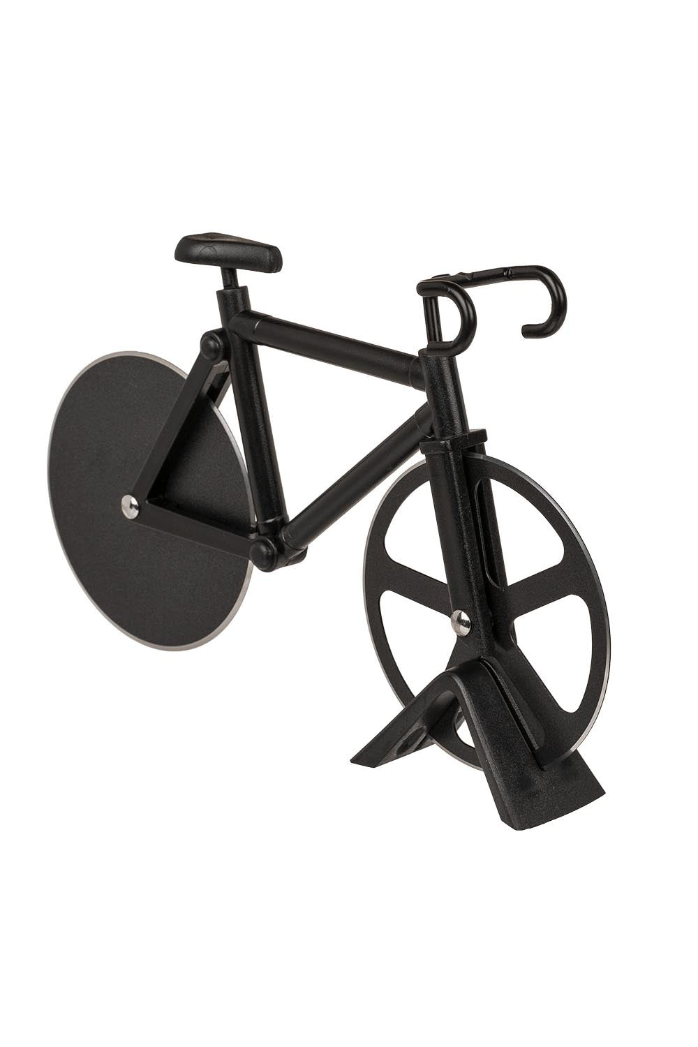 Velo Pizzaschneider in der Farbe schwarz. Fahhrad Pizza-Schneider mit Velostaender