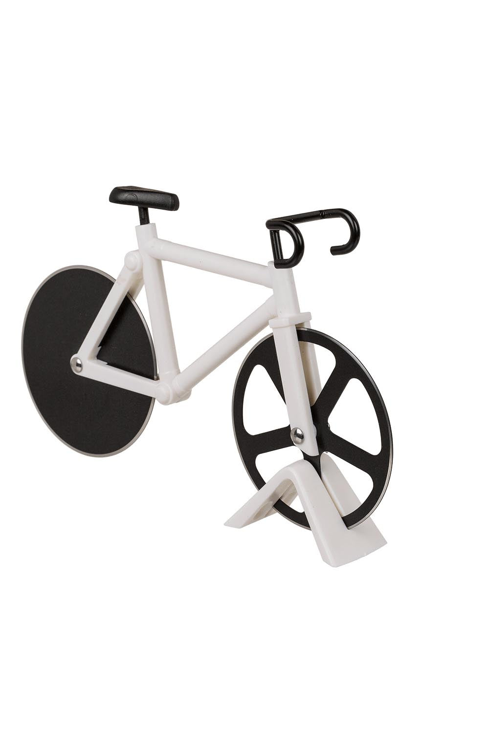Velo Pizzaschneider in der Farbe weiss. Fahhrad Pizza-Schneider mit Velostaender