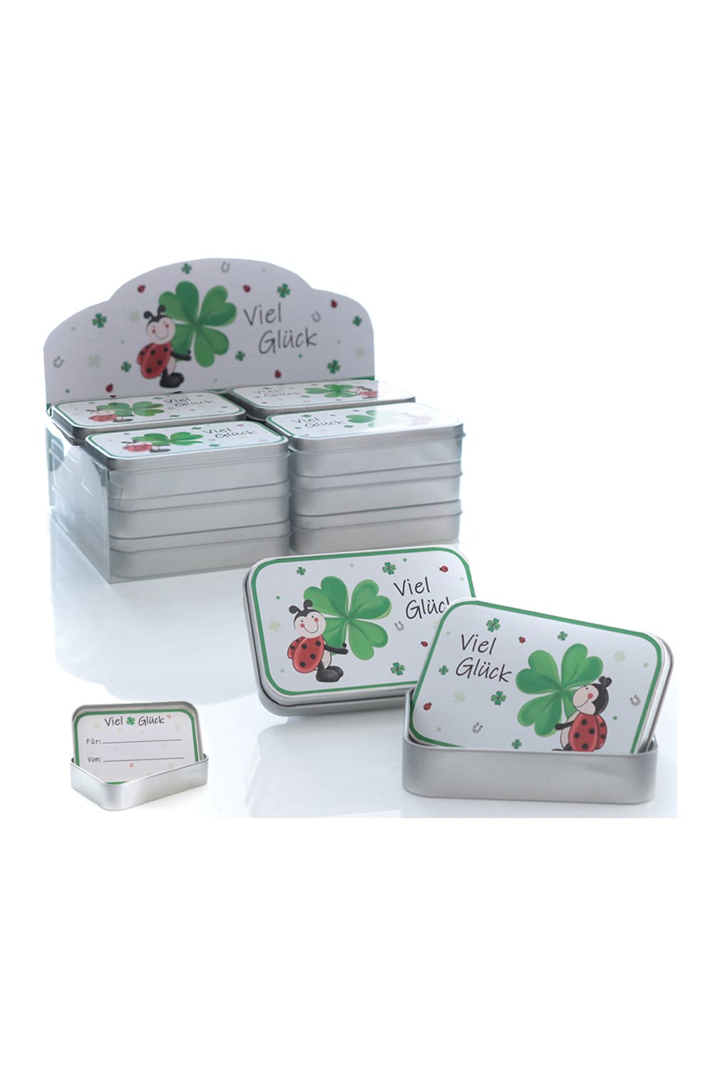 Eine perfekte Geschenkidee um ein Geldgeschenk oder Gutscheingeschenk, kreativ zu verpacken. Die niedliche Gutscheindose kann beliebig gefuellt werden. Die Glueck Dose gibt es in vier diversen Motiven mit Marienkaefer und Glueckskaefer. Der Dosendeckel kann beschriftet werden. Ein originelles Geschenk fuer jeden Anlass.