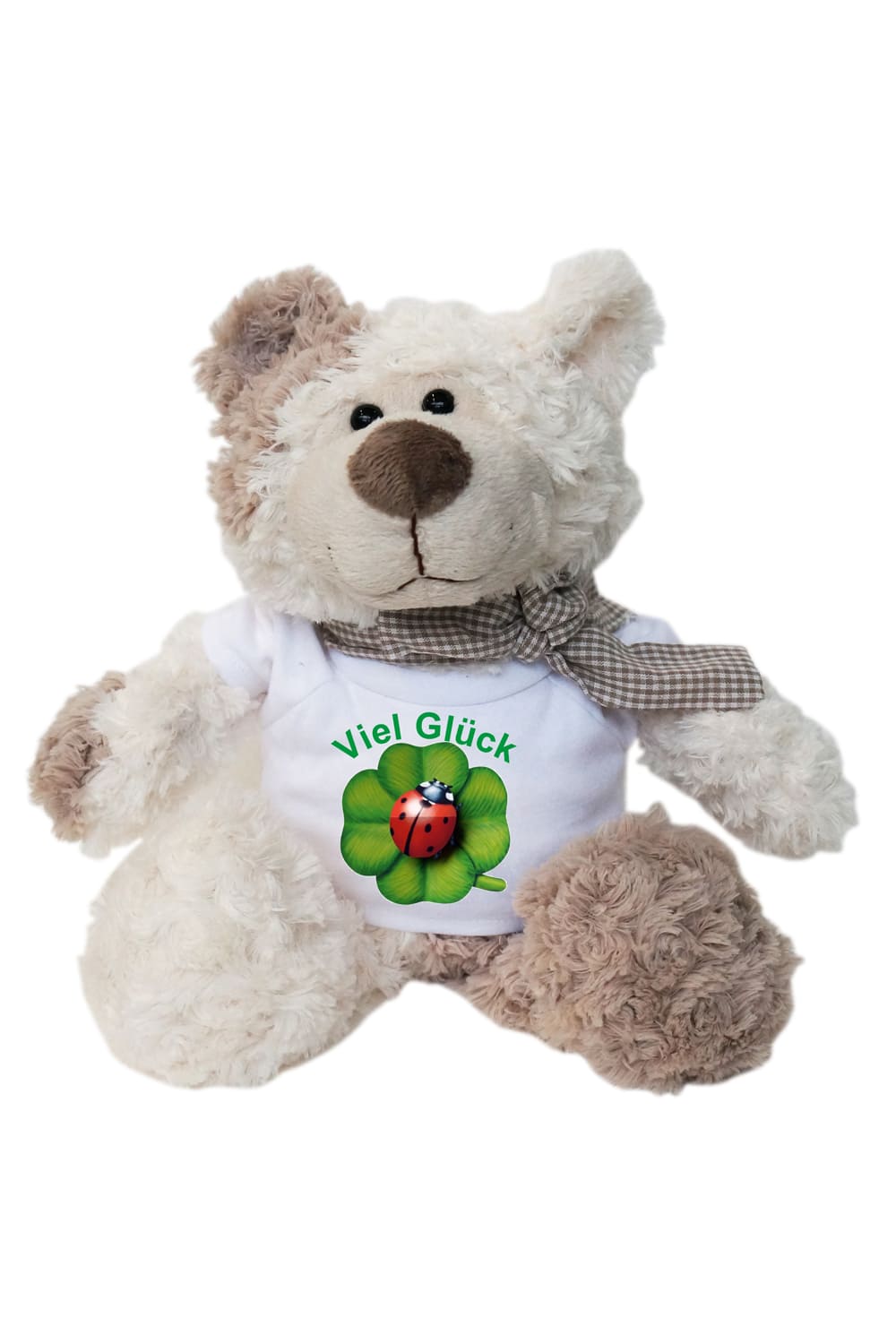 Viel Glueck Kaefer Plueschbaer als Geschenk zum Geburtstag oder fuer eine bevorstehende Pruefung. Teddybaer mit Spruch auf dem Shirt und einem Kaefer der Glueck bringt.