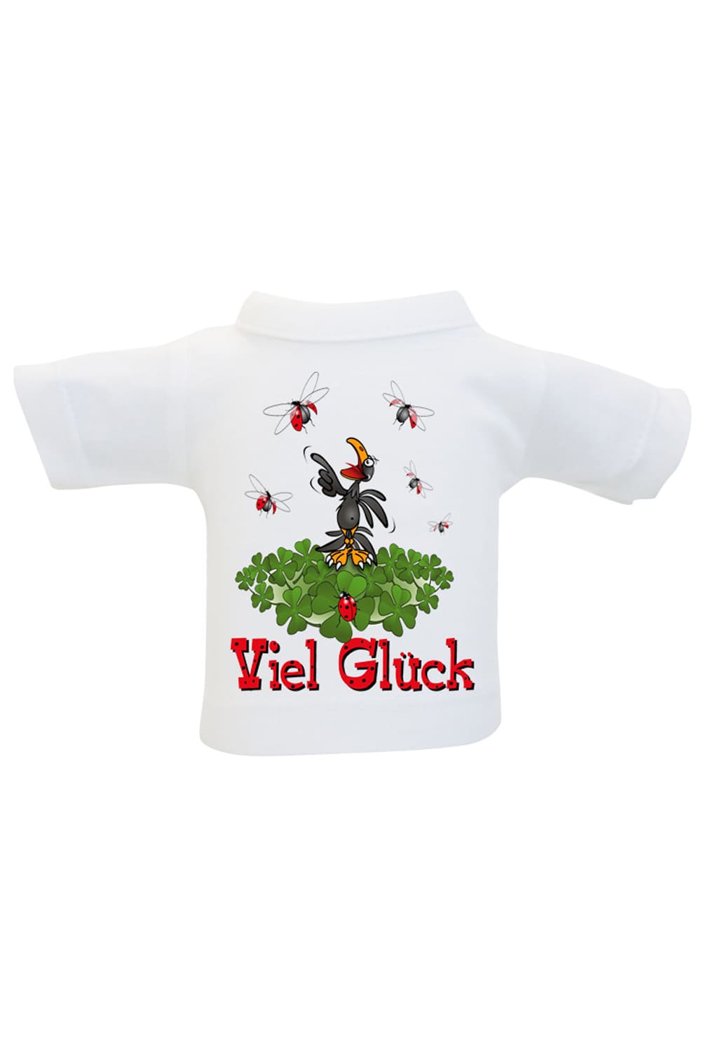 Das Viel Glueck Mini T-Shirt ist ein lustiges Accessoire fuer Geschenke und Flaschen. Einfach das Flaschenshirt einer Weinflasche anziehen und fertig ist die originelle Geschenkverpackung. Das Mini T-Shirt mit der Aufschrift: Viel Glueck. Zusaetzlich ist auf dem kleinen Shirt ein lustiger Vogel mit Glueckskaefer aufgedruckt.