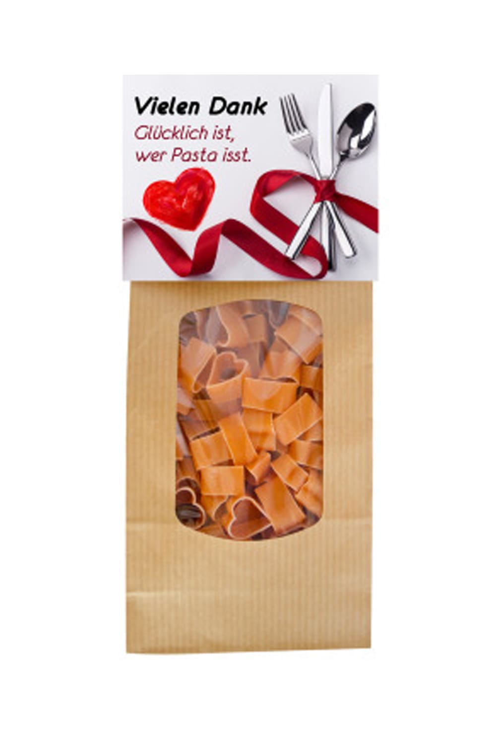 Die vielen Dank Herz Pasta sind in Herzform. Mit dem Spruch: Gluecklich ist, wer Pasta isst. Hergestellt werden die Herz Teigwaren in der Schweiz.