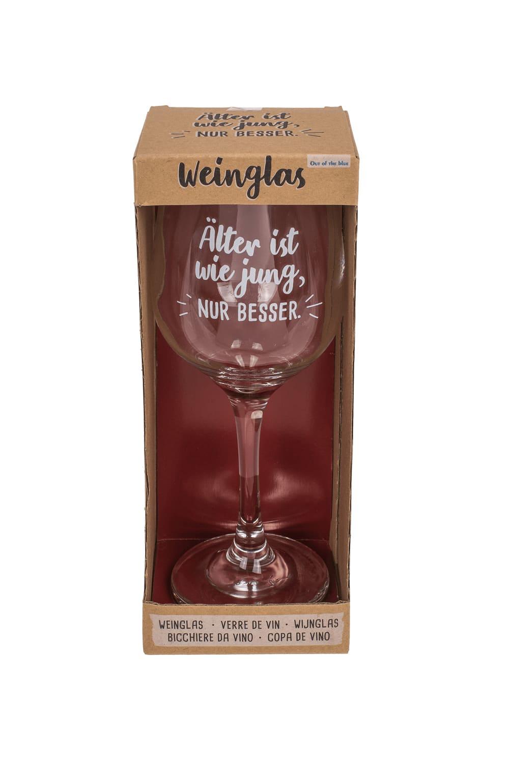 Das Weinglas ist bedruckt mit dem Spruch: Aelter ist wie jung, nur besser. Das schoene Weinglas kann beliebig mit anderen Geschenken kombiniert werden. Als kreative Geschenkidee koennte man zum Beispiel eine Weinflasche dazuschenken. Einfach ein kreatives Geschenk zum Geburtstag oder zur Pension. In Geschenkverpackung