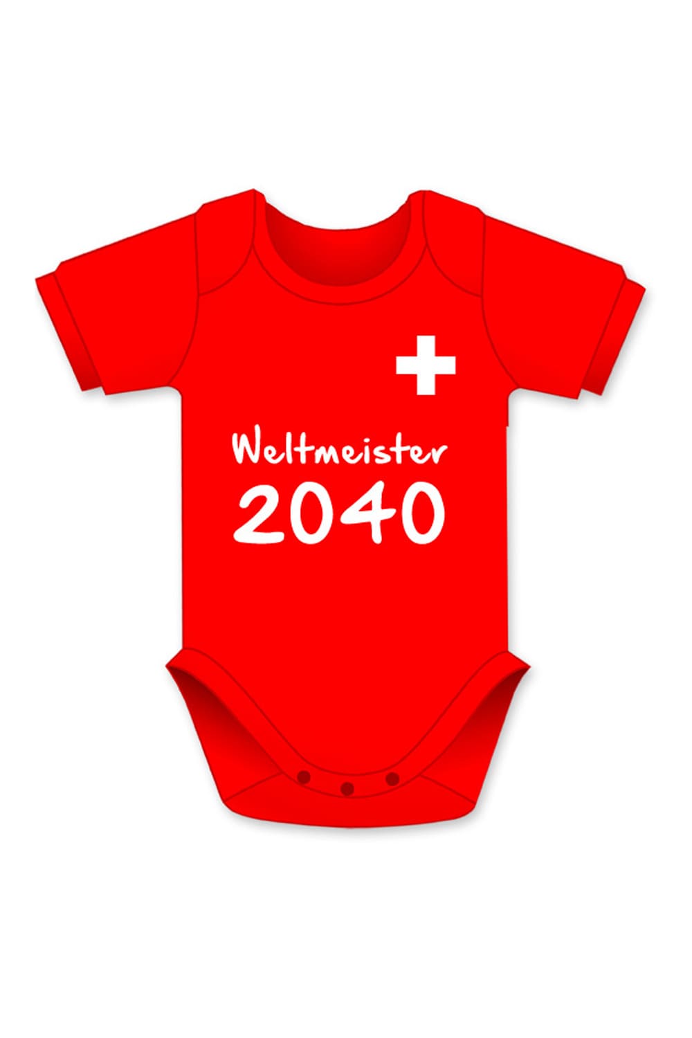Der Baby Body mit Flagge und dem Spruch: Weltmeister 2040, ist ein suesses Geschenk zur Geburt. Der Baby Body Weltmeister 2040 ist in der Farbe rot erhaeltlich.