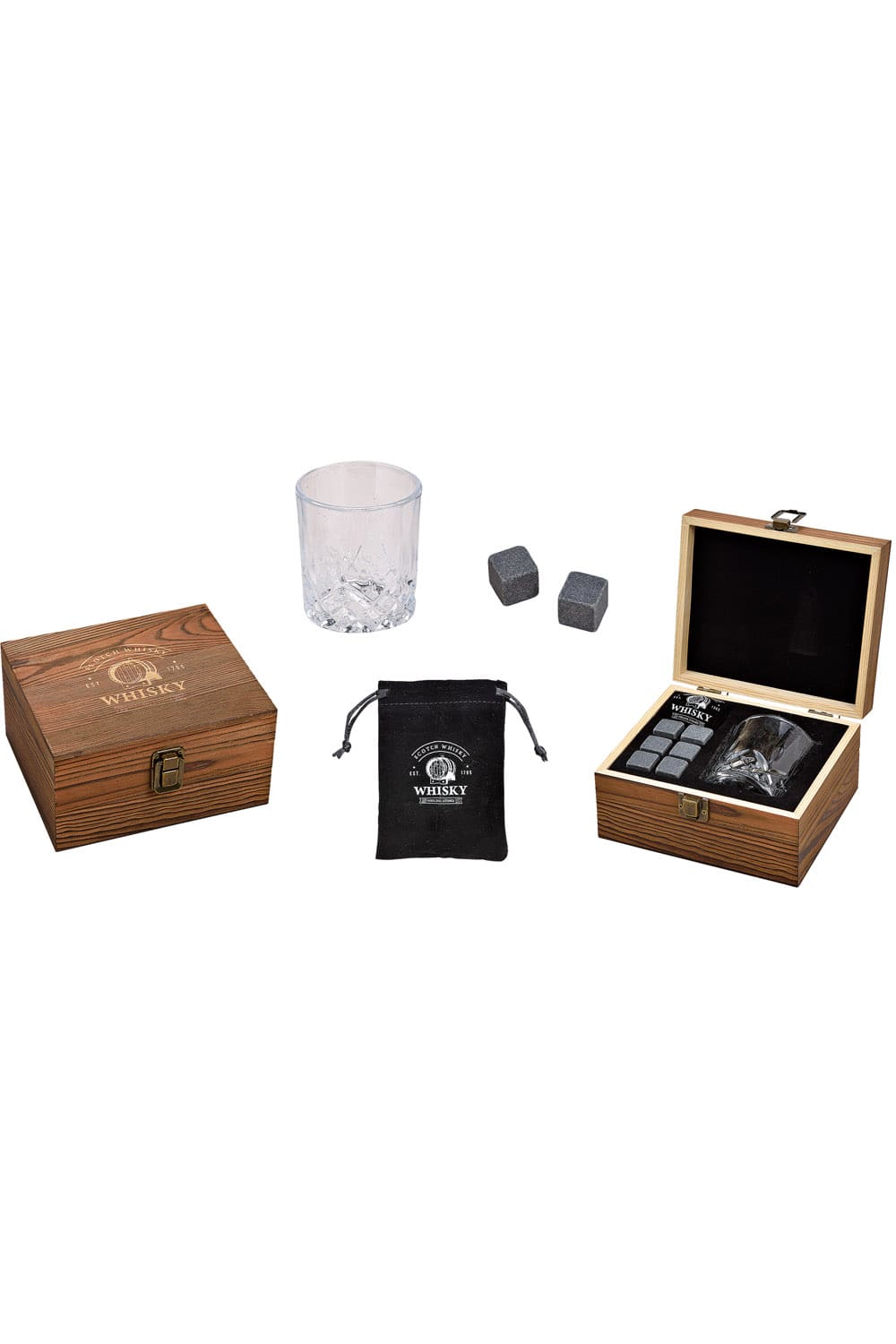 Dieses Whisky Geschenkset ist das perfekte Geschenk für alle Whisky Liebhaber und Whisky Geniesser. Das Whisky Set besteht aus sechs Würfel aus Basalt Stein mit einem Samtbeutel und einem Whiskyglas. Das Set ist in einer schönen Holzbox verpackt.