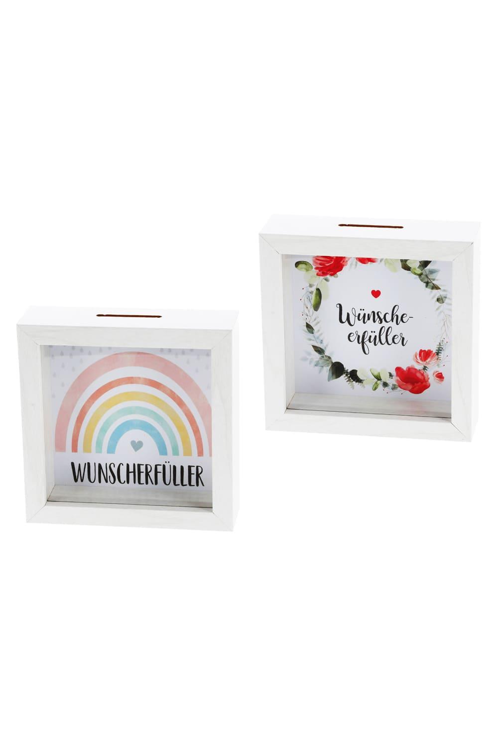 Diese Wunscherfueller Kasse ist ein ideales Geschenk fuer jede Gelegenheit! Die Wunscherfueller Kasse Rahmen ist in zwei Varianten erhaeltlich - Regenbogen und Blumen – sodass garantiert jeder sein gewuenschtes Motiv findet!