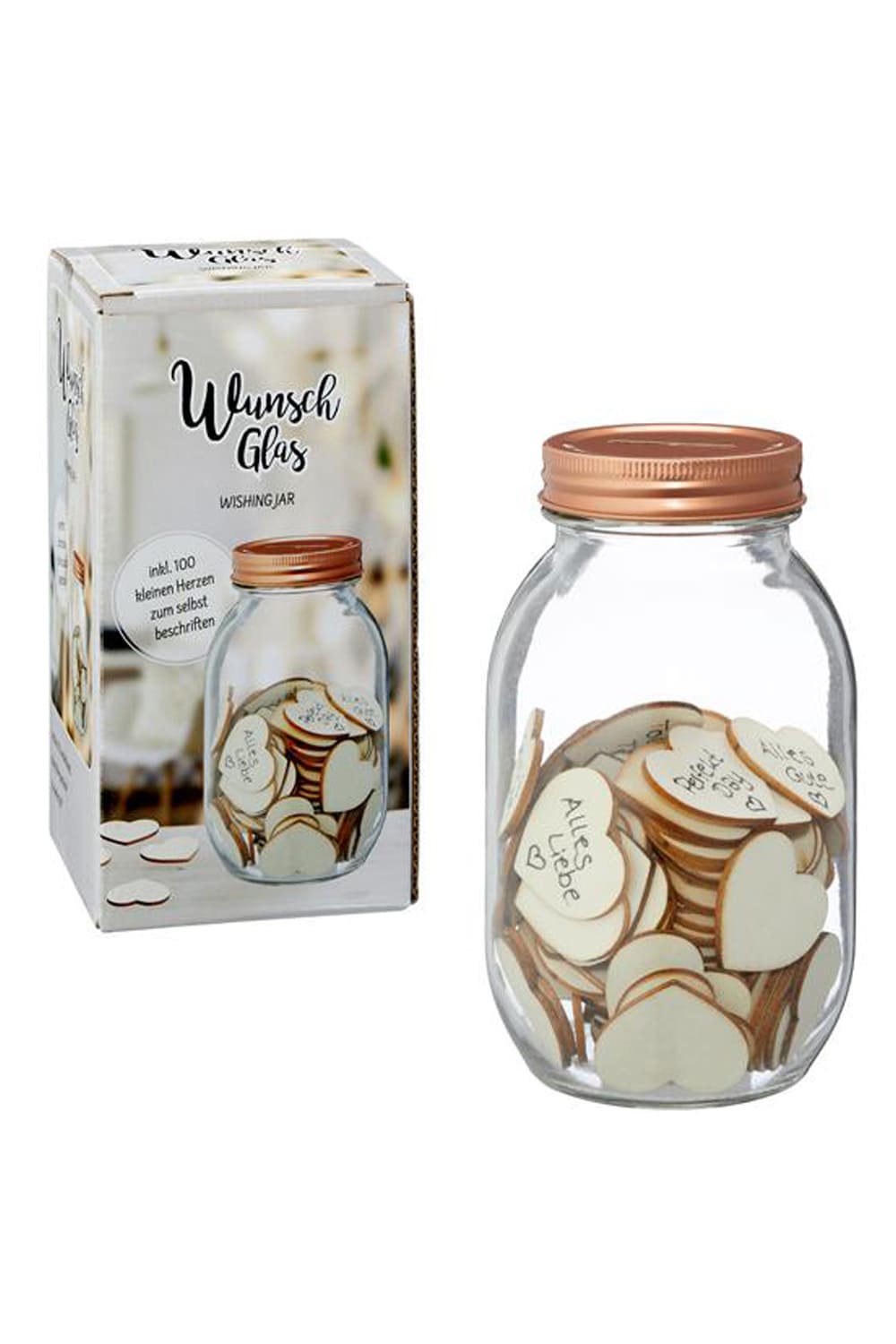 Ein kleines Glas voller guter Herzwuensche. Mit 100 Herzchen aus Holz, die man mit einer lieben Botschaft beschriften kann. Dieses Wunschglas eignet sich hervorragend als Gaestebuch bei einer Hochzeit, bei einem Geburtstag, einer Taufe, einer Pensionierung.