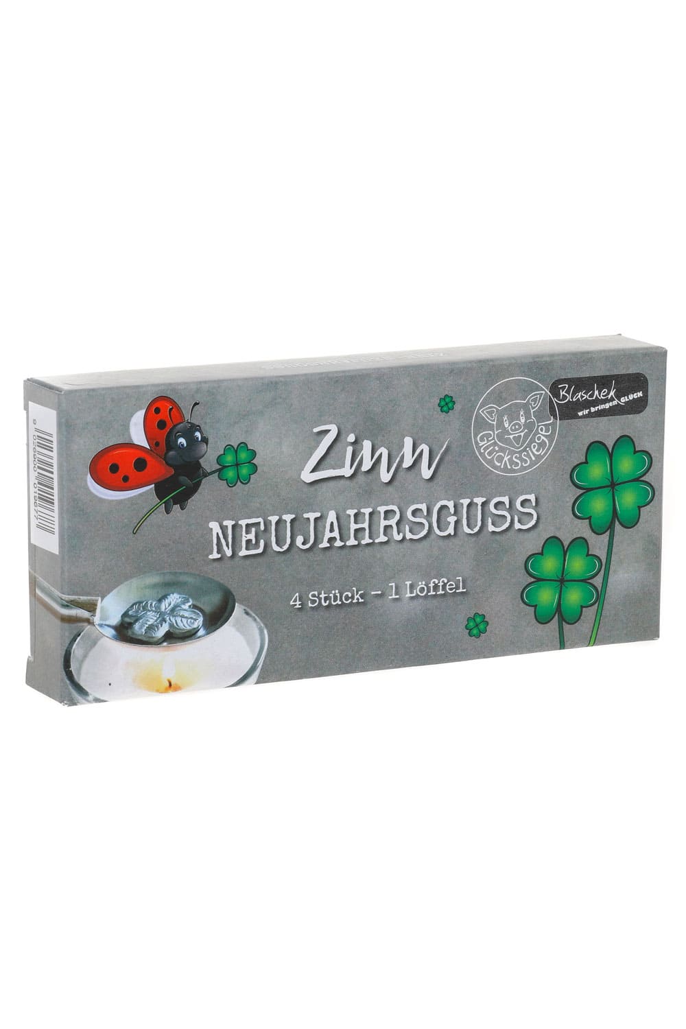 Mit diesem Zinngiesser Set werden Sie zum Zinngiesser. Der Silvester Neujahrsbrauch darf auch dieses Jahr nicht fehlen. Im Zinngiesser Set sind 4 Gluecksfiguren und 1 Loeffel. Wir wuenschen ganz viel Spass dabei und jetzt schon alles Gute im neuen Jahr!