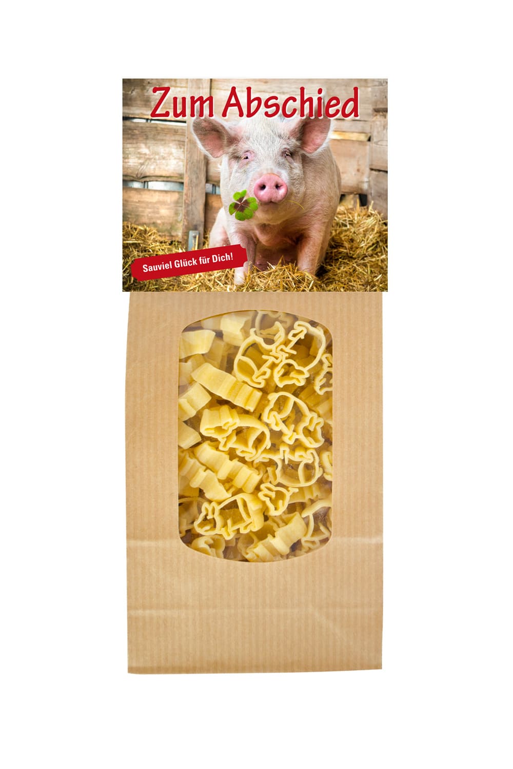 Die viel Glueck Pasta mit dem Spruch: Zum Abschied. Sauviel Glueck fur dich! Die leckeren Pasta sind in Schweinchen Form. Ein leckeres Abschiedsgeschenk.