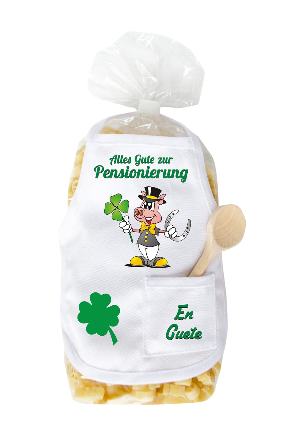 Die Motivnudeln sind in Schweinchen Form und dem Spruch: Alles Gute zur Pensionierung. Diese Pasta sind ein perfektes Geschenk zum Ruhestand! Jetzt bei Geschenk Insel.