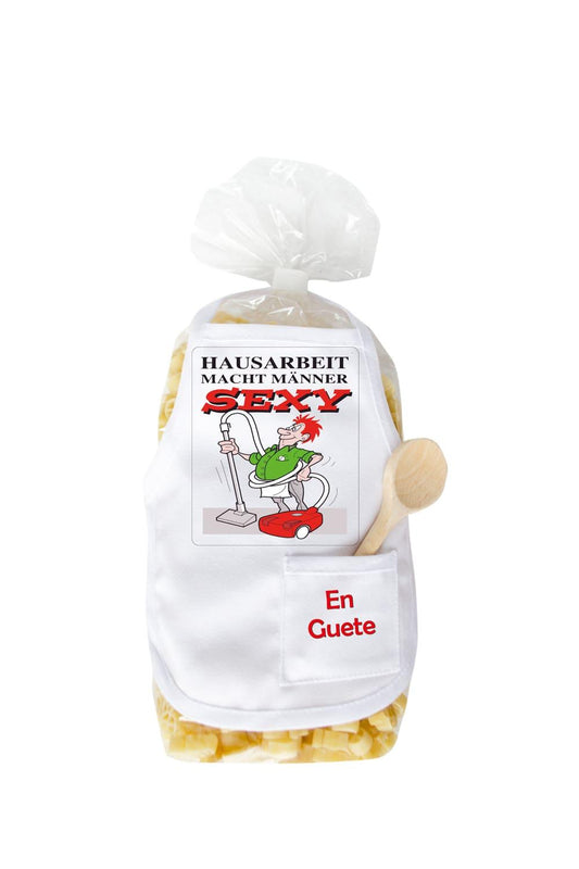 Diese lustigen Pasta sind in Penisform und in einer schoenen Verpackung mit einer Mini Kochschuerze. Auf der witzigen Kochschuerze steht folgender Spruch: Hausarbeit macht Maenner sexy. Diese Penis Teigwaren sind einfach der Brueller. Ein grossartiges Geschenk fuer Alle, die Humor lieben.
