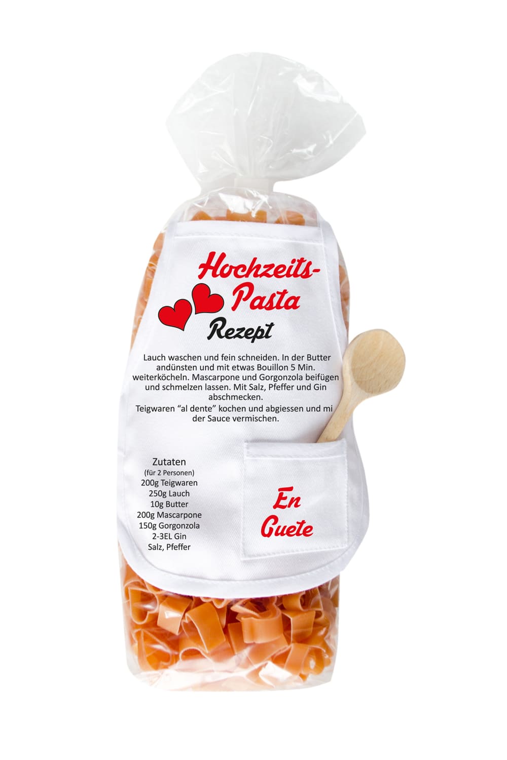 Die Hochzeit Pasta sind mit einer Mini Kochschuerze! Die Herz Motivnudeln sind ein ideales Hochzeitsgeschenk. Jetzt bei Geschenk Insel!