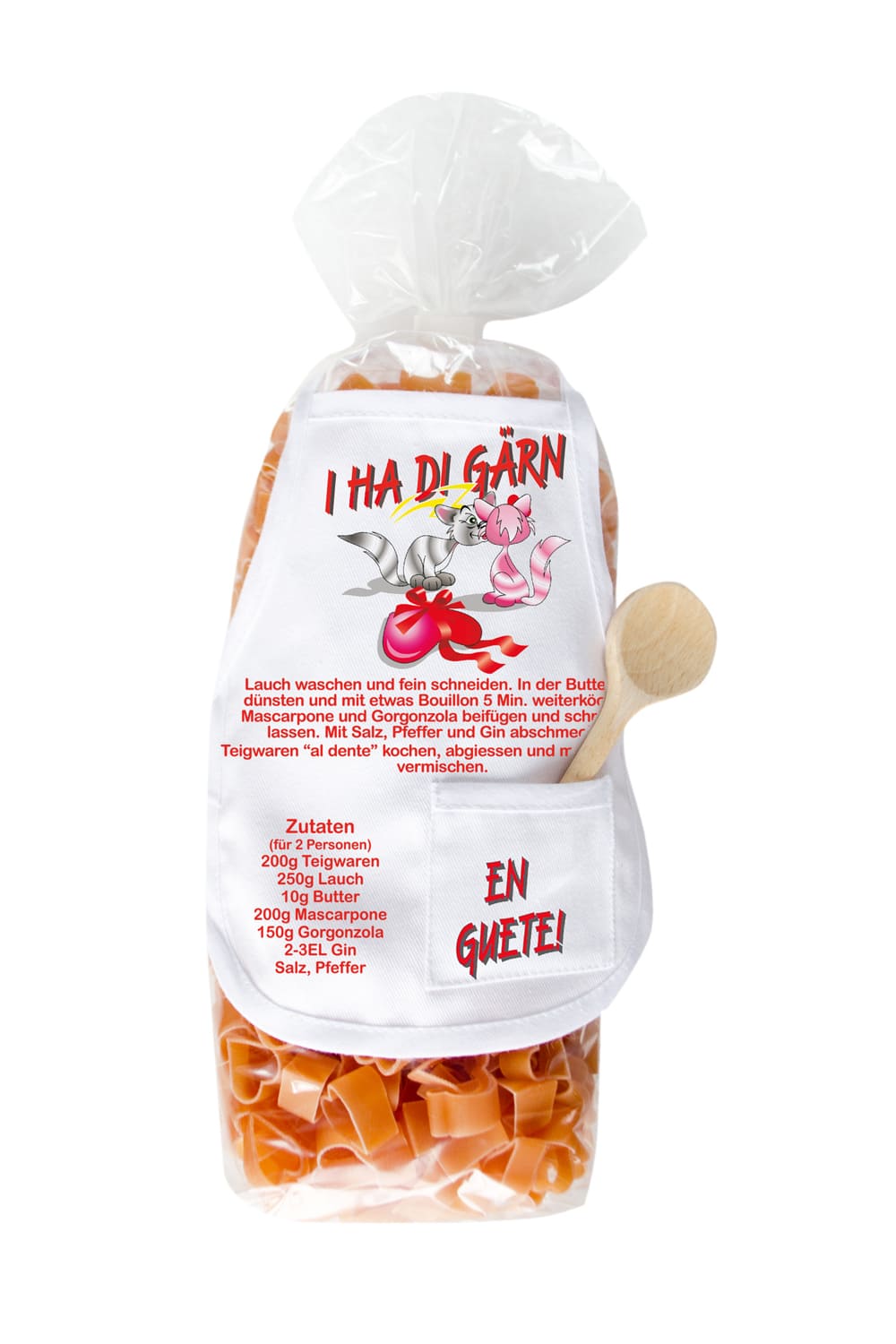 Die Herz Motivnudeln sind mit dem Spruch: I ha di gaern. Die Pasta sind in einer schoenen Verpackung mit einer Mini Kochschuerze. Jetzt bei Geschenk Insel!