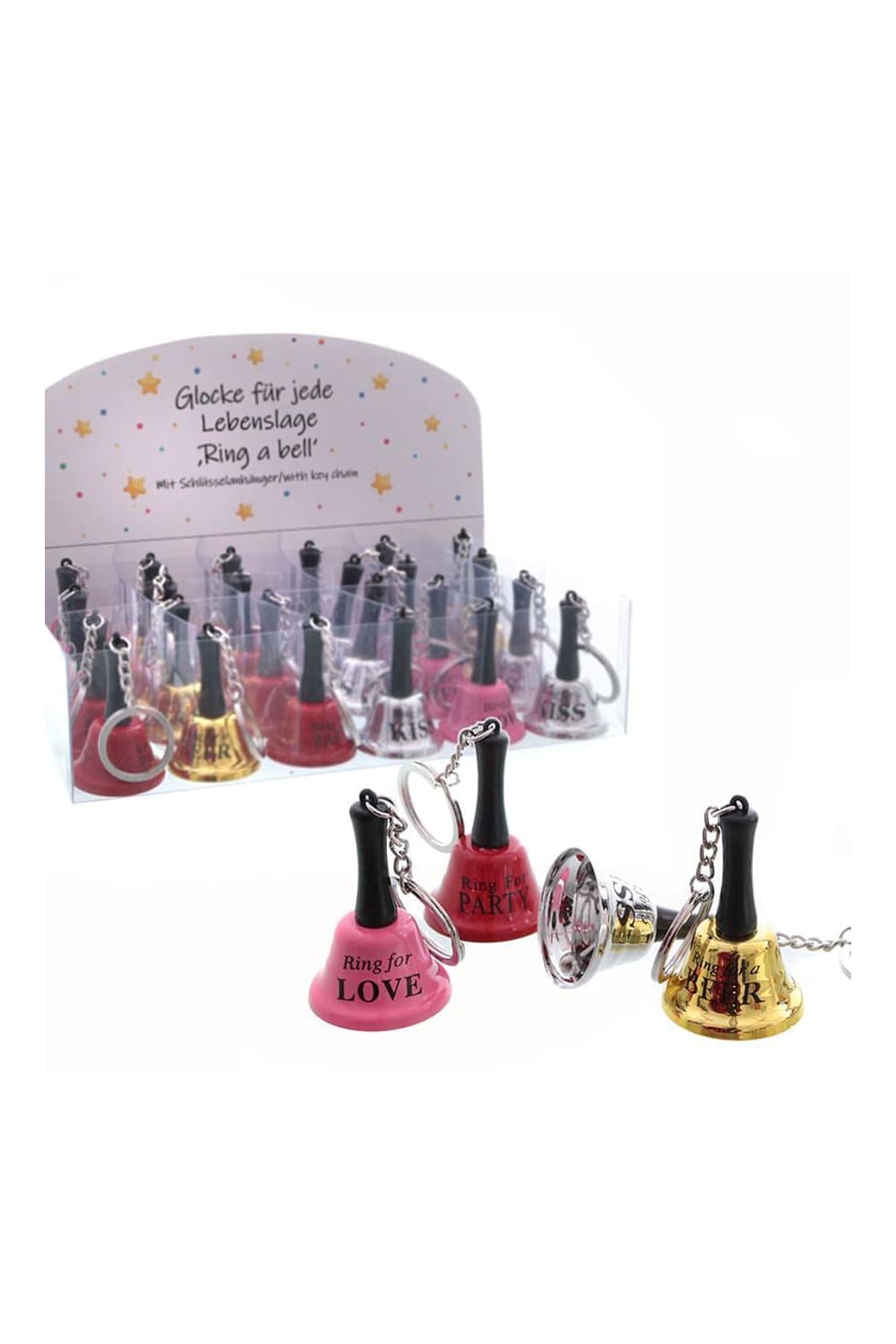 Mini-Glocke mit Schluesselanhaenger als Geschenk oder Mitbringsel. Klingeln mit einer Glocke für die Liebe, Party, Bier oder einen Kuss. Ring a bell,ring for love, ring for beer, ring for party,ring for kiss
