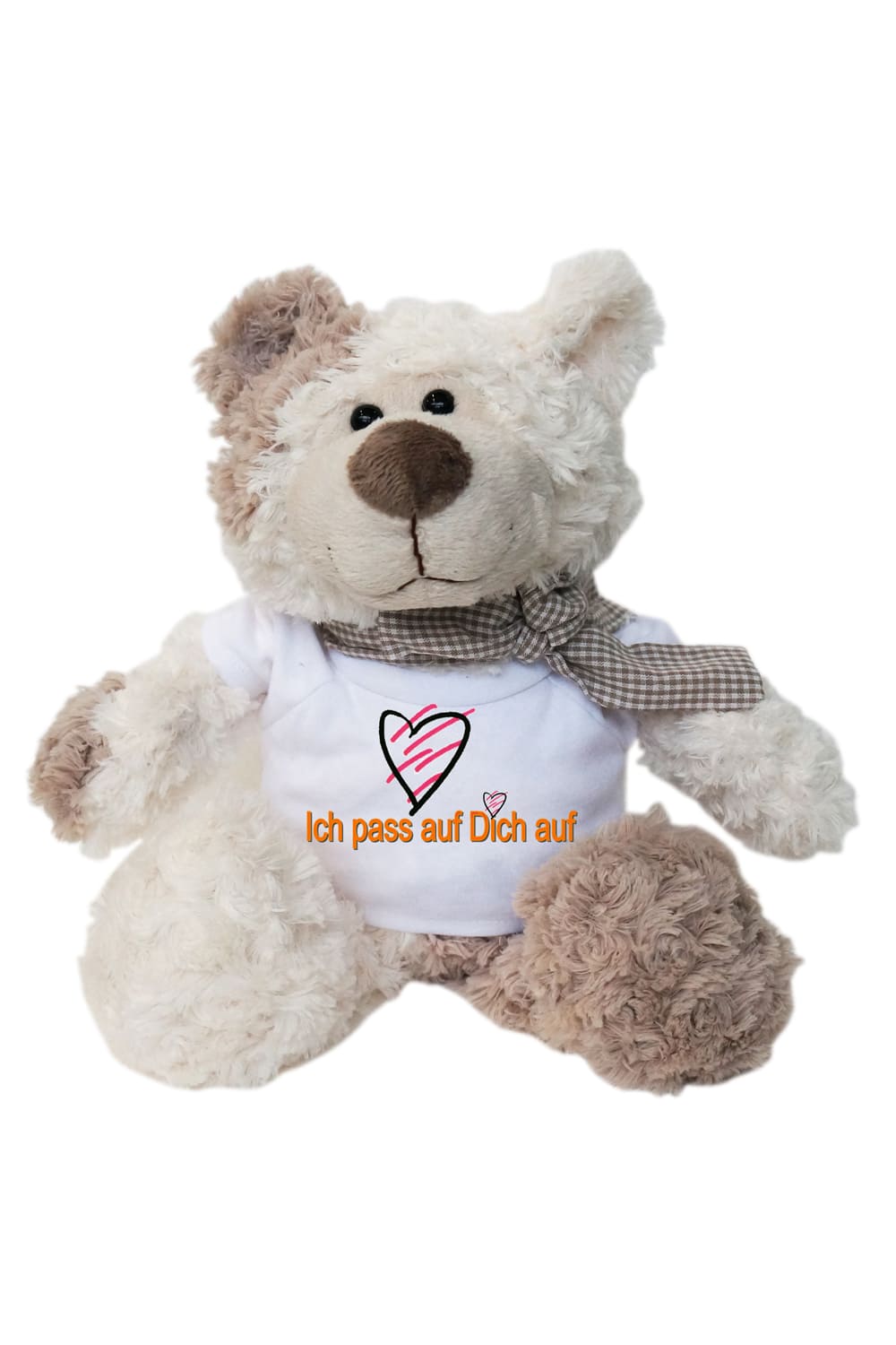 Ich pass auf Dich auf Pluechbaer als Geschenk fuer jeden Anlass. Teddybaer mit Schleife um den Hals und mit Spruch auf dem Shirt. Herz