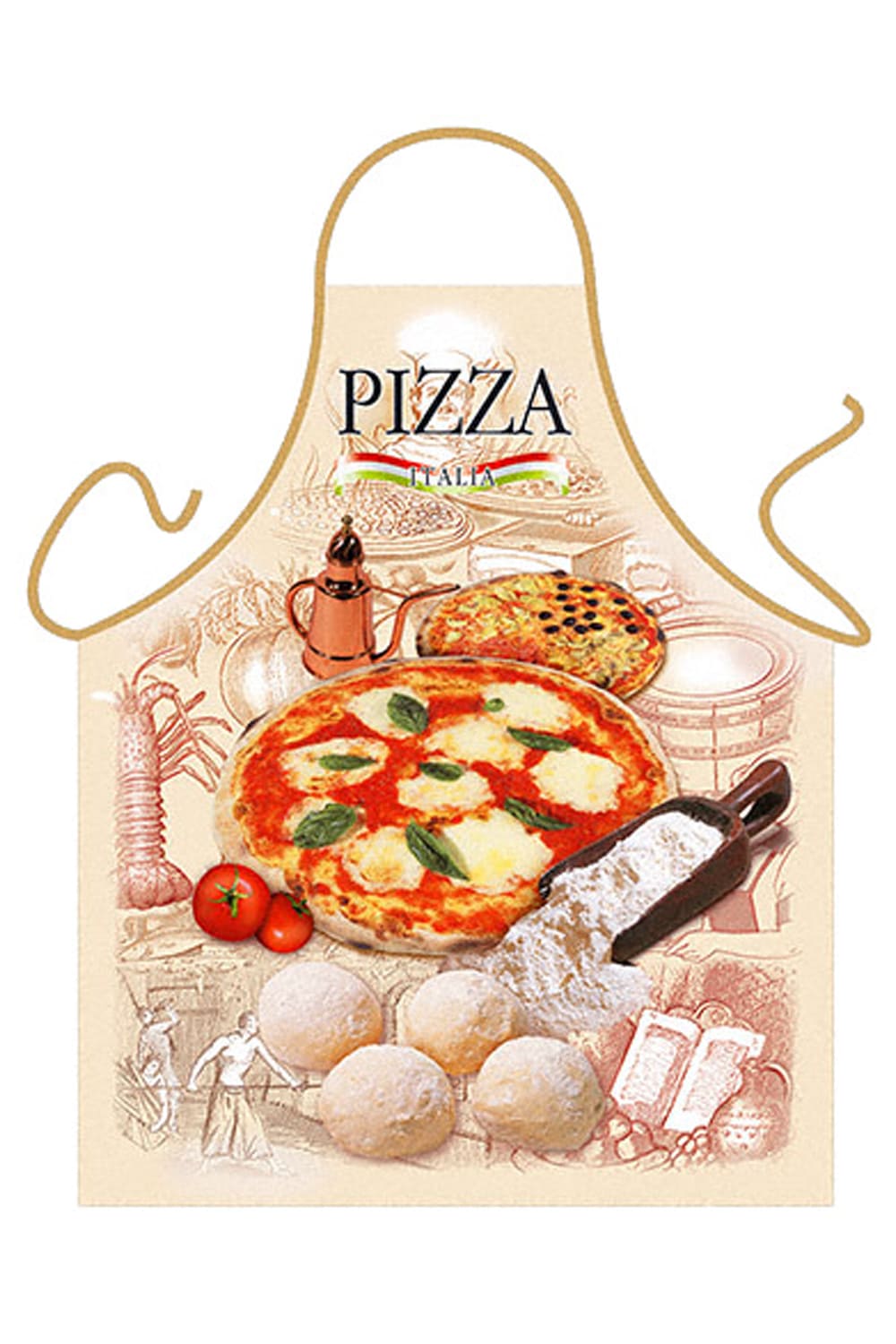 Auf der Kochschuerze ist ein leckeres Bild einer Pizza abgebildet. Die Pizza Schuerze ist ein originelles Geschenk fuer alle Pizza-Liebhaber.