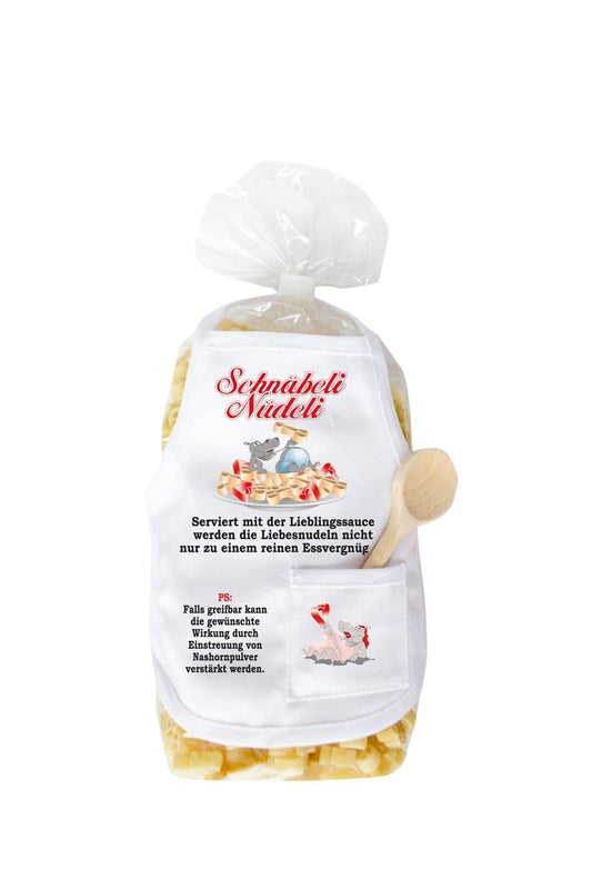 Die Pasta sind in Penisform und in einer Verpackung mit Mini Kochschuerze. Auf der Schuerze ist ein lustiges Nilpferd aufgedruckt und es steht folgender Spruch: Schnaebeli Nuedeli. Serviert mit der Lieblingssauce werden die Liebesnudeln nicht nur zu einem reinen Essvergnuegen. Die Penis Teigwaren sind einfach der Brueller.