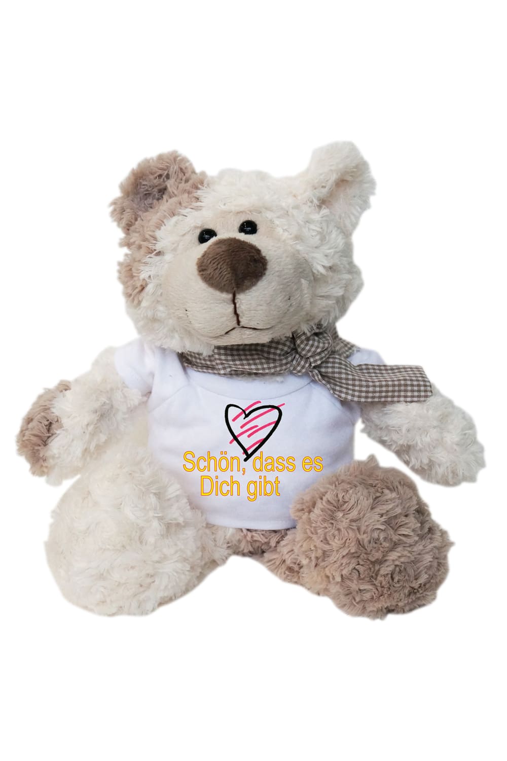 Schoen dass es Dich gibt Plueschbaer als Geschenk fuer jeden Anlass. Teddybaer mit Schleife um den Hals und Spruch auf dem Shirt.