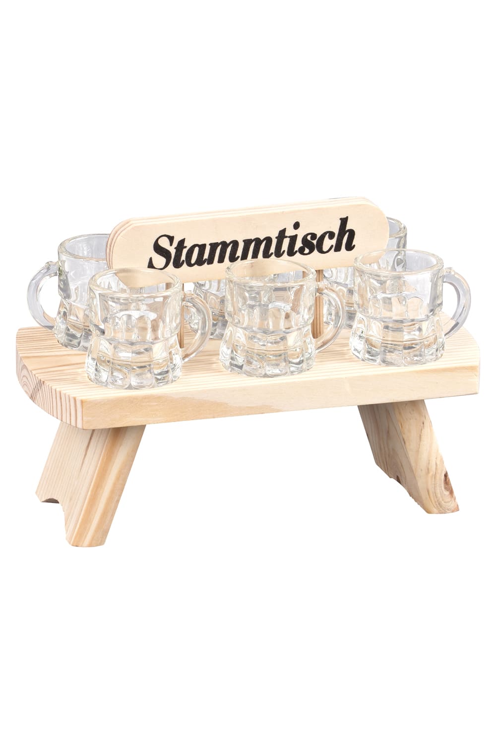 Dieser Stammtisch mit Schnapsglaeser ist ein perfektes Geschenk fuer alle die gerne Schnaps trinken. Auf dem Tischli steht die Aufschrift: Stammtisch. Der Tisch fuer die besondere Schnapsrunde ist aus Holz. Die Schnaps Stamperl sind aus Glas. Ein perfektes Schnaps-Geschenk zum Geburtstag und fuer andere Anlaesse.