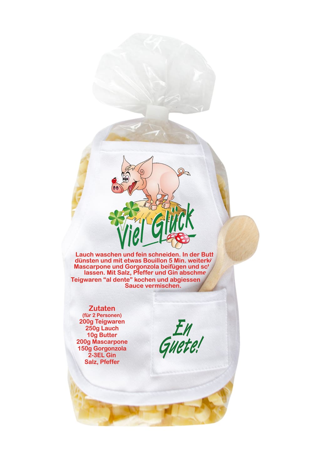 Viel Glück Schwein Pasta, das ideale Pasta Geschenk fuer eine Pruefung, zur Pension oder zum Geburtstag. Pasta mit Mini-Schuerze, Kleeblatt, Schweinchen und Glueckspilz.