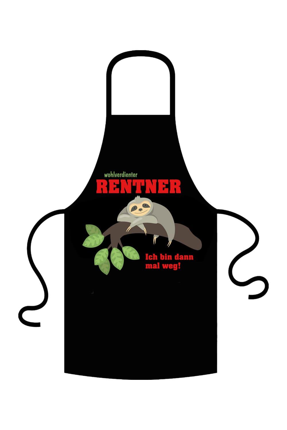 Eine trendige Kochschürze mit dem witzigen Spruch: Wohlverdienter Rentner! Ich bin dann mal weg! Mit dieser Schürze macht das Kochen noch viel mehr Spass. Natürlich kann diese Schürze auch als Grillschürze verwendet werden. Einfach ein perfektes Geschenk fuer den Pensionaer im Ruhestand.