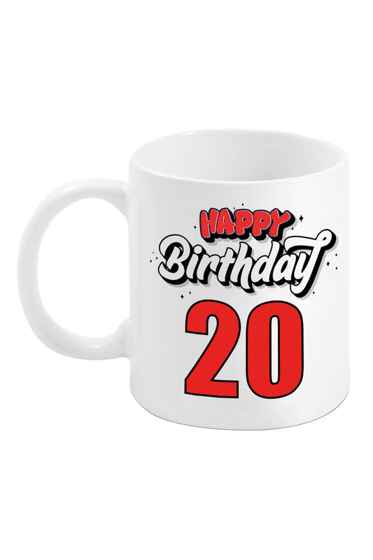 Diese Spruchtasse ist einfach perfekt fuer den 20. Geburtstag. Die beidseitig bedruckte Tasse hat die Aufschrift: Happy Birthday. 20. Jetzt bei Geschenk Insel.