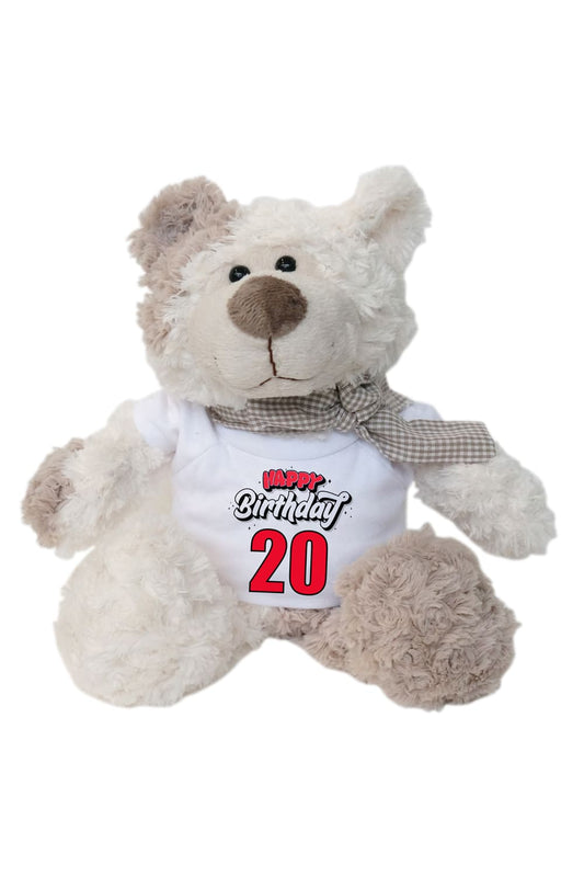 Der kuschelige Plueschbaer traegt ein weisses Mini T-Shirt mit der Aufschrift: Happy Birthday 20. Der Knuddelbaer misst stehend 29 cm. Ein perfektes Geschenk zum 20. Geburtstag.