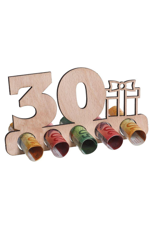 Der Holzaufsteller ist eine perfekte Geschenkidee fuer ein Geldgeschenk oder Gutscheingeschenk. Einfach die Geldnoten rollen und durch die Loecher stecken. Ein originelles Geschenk aus Holz zum 30. Geburtstag. Der Holzaufsteller hat 5 Loecher, in die man Geld oder gerollte Gutscheine stecken kann. Auch ideal fuer ein Jubilaeum!