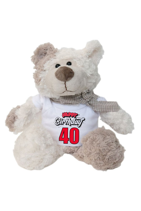 Der kuschelige Plueschbaer traegt ein weisses Mini T-Shirt mit der Aufschrift: Happy Birthday 40. Der Knuddelbaer misst stehend 29 cm. Ein perfektes Geschenk zum 40. Geburtstag.