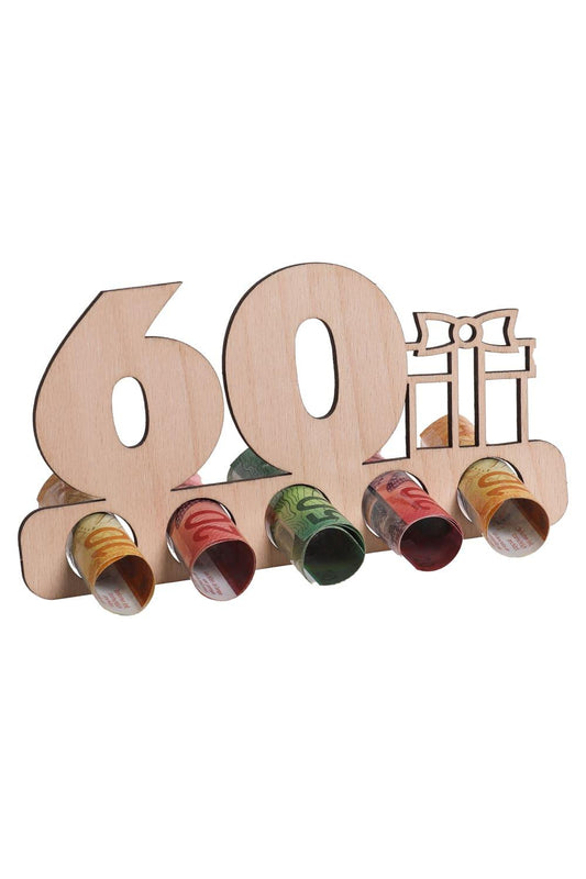 Der Holzaufsteller ist eine perfekte Geschenkidee fuer ein Geldgeschenk oder Gutscheingeschenk. Einfach die Geldnoten rollen und durch die Loecher stecken. Ein originelles Geschenk aus Holz zum 60. Geburtstag. Der Holzaufsteller hat 5 Loecher, in die man Geld oder gerollte Gutscheine stecken kann.  Auch ideal fuer ein Jubilaeum!