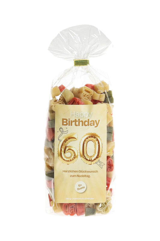 60. Geburtstag Pastasaeckli mit Spruchetikette: Happy Birthday. 60. Bestes Alter! Herzlichen Glueckwunsch zum Nudeltag. En Guete. Pasta in der Form der Zahl 60.