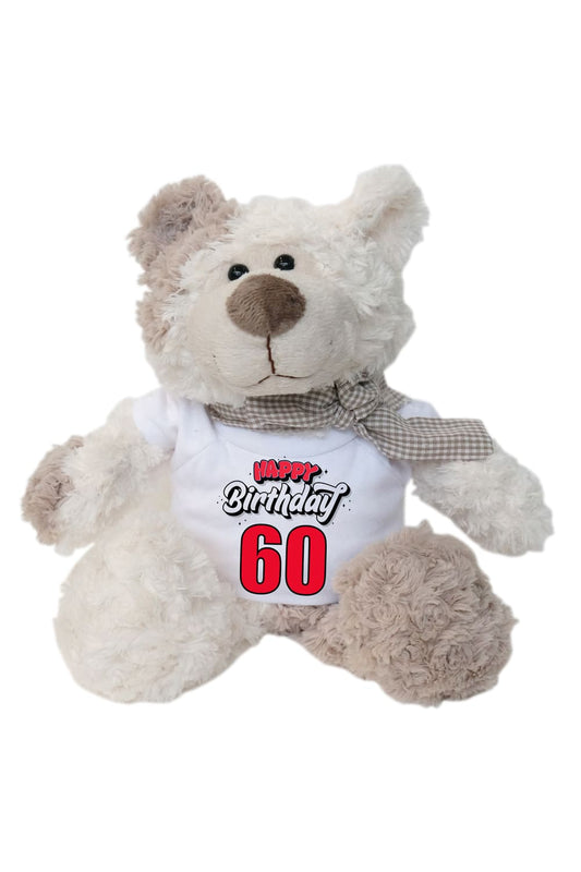 Der kuschelige Plueschbaer traegt ein weisses Mini T-Shirt mit der Aufschrift: Happy Birthday 60. Der Knuddelbaer misst stehend 29 cm. Ein perfektes Geschenk zum 60. Geburtstag.