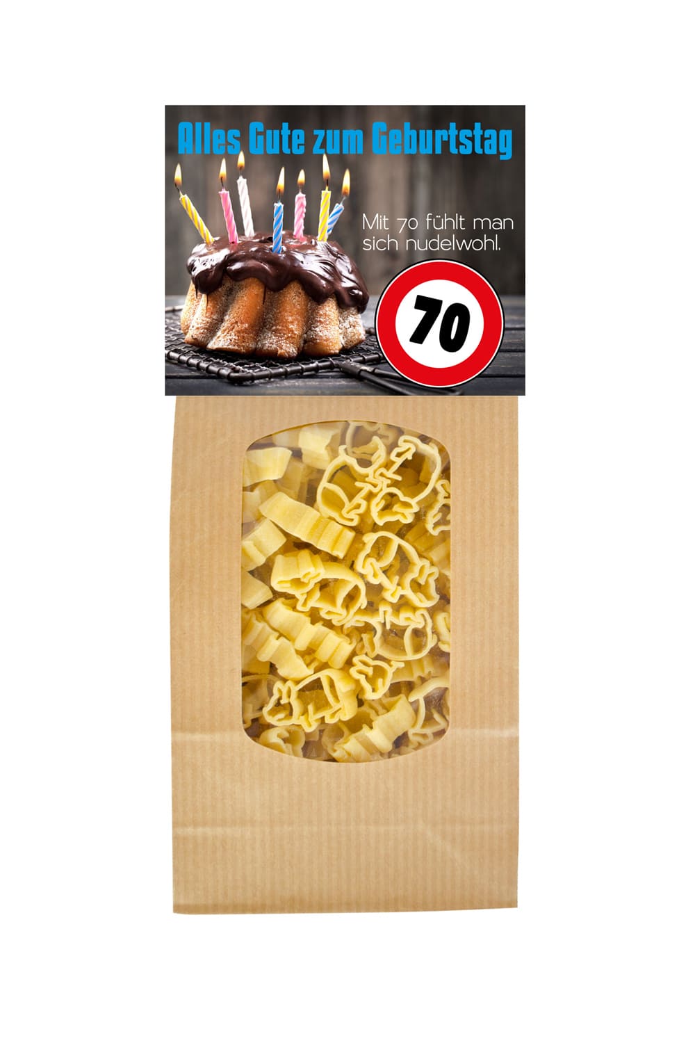 Die Pasta sind in Form von einem Gluecksschweinchen. Auf der Vorderseite steht der Spruch: 70 Alles Gute zum Geburtstag. Mit 70 fuehlt man sich nudelwohl.
