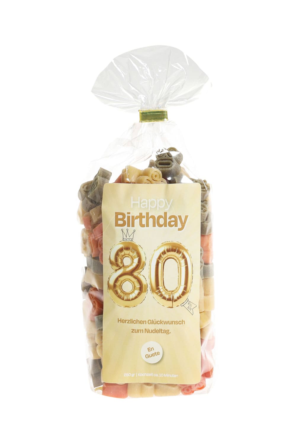 80. Geburtstag Pastasaeckli mit Spruchetikette: Happy Birthday. 80. Bestes Alter! Herzlichen Glueckwunsch zum Nudeltag. En Guete. Pasta in der Form der Zahl 80.