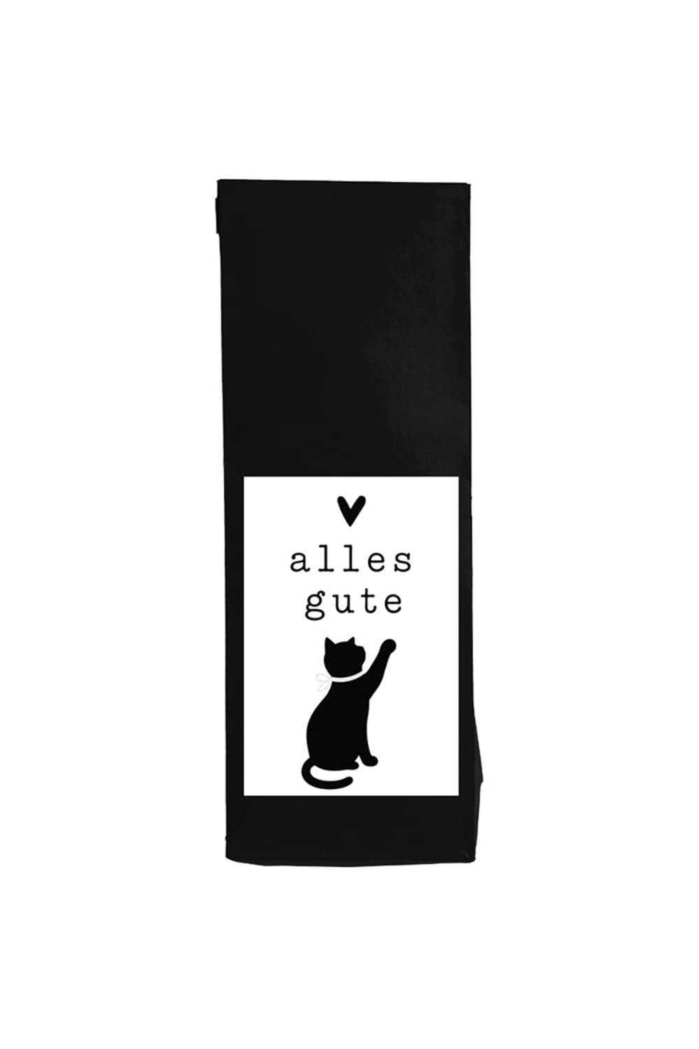 Alles Gute Tee Katze mit schwarzer Katze, erhobener Pfote, Herz und Spruch „alles gute“ auf schwarzem Beutel, Früchtetee 100 g