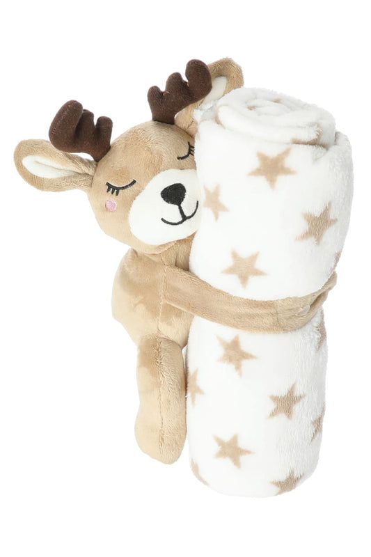 Dieses flauschige Set ist ein perfektes Geschenk fuer Babys oder Kleinkinder. Die Babydecke mit Rentier ist passend fuer die Weihnachtszeit. Die Decke ist weiss mit beigen Sternen. Schenken Sie dem Baby oder dem Kleinkind zu Weihnachten kuschelige Momente!