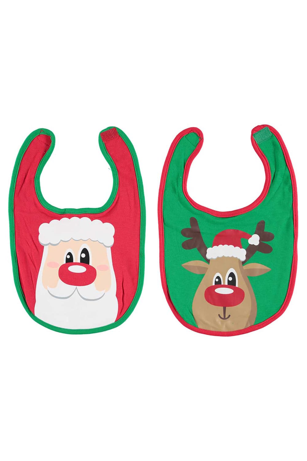 Babylatz mit Weihnachtsmann, Textilfarbe ist in rot & 1x Babylatz mit Rentier, Textilfarbe ist in gruen.
