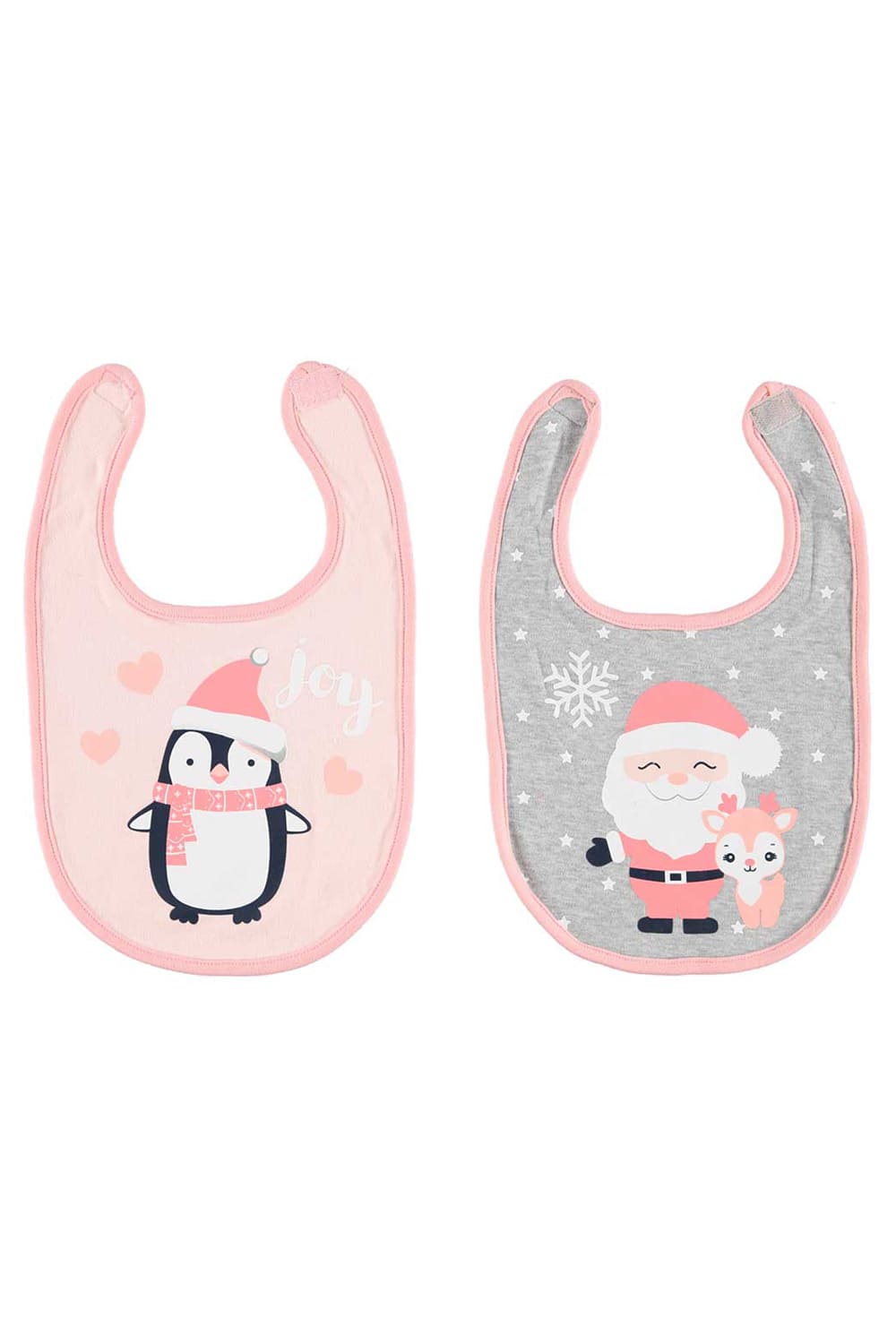 Babylatz mit Pinguin, Textilfarbe ist in rosa & 1x Babylatz mit Weihnachtsmann, Textilfarbe ist in rosa und grau.