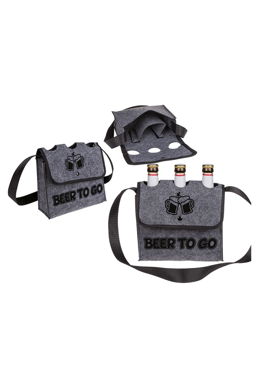 Beer to Go Biertasche aus Filz mit Umhängegurt und Platz für drei Bierflaschen. Ideales Geschenk!