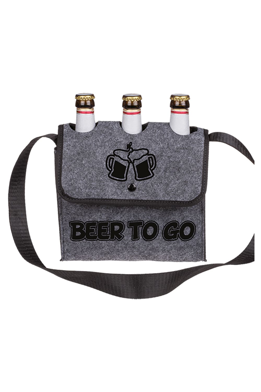 Beer to Go Biertasche aus Filz mit Umhaengegurt und Platz fuer drei Bierflaschen.