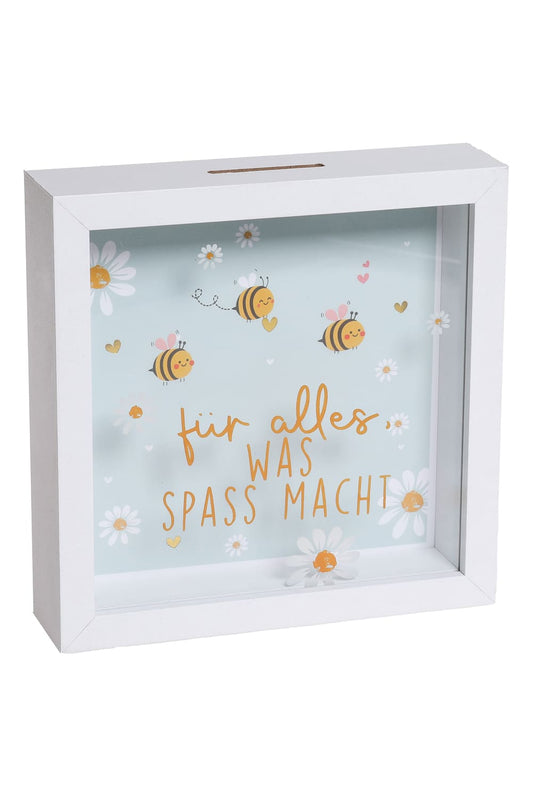 Dieses Spass Sparkaesseli ist ein ideales Geschenk fuer jede Gelegenheit! Die Holz Sparkasse ist bedruckt mit einer herzigen Biene und der Aufschrift: Fuer alles, was Spass macht. 