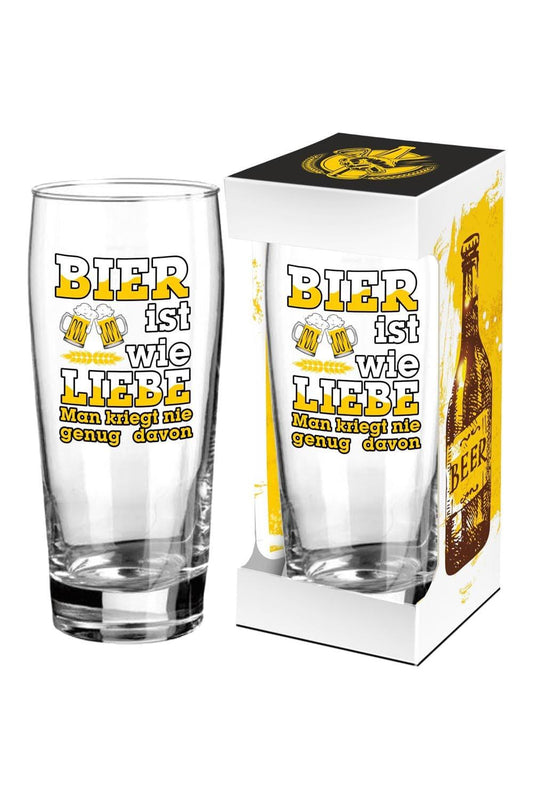 Dieses coole Geschenk ist einfach perfekt fuer alle Menschen, die gerne Bier trinken! Das Bierglas ist bedruckt mit dem Spruch: Bier ist wie Liebe, man kriegt nie genug davon! Das Bier Spruchglas kann beliebig mit anderen Geschenken kombiniert werden.