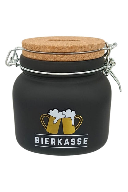 Diese Spardose ist aus Glas und Kork sowie mit Vorhaengeschloss und Schluessel. Auf dem hochwertigen Sparglas steht die Aufschrift: Bierkasse! 