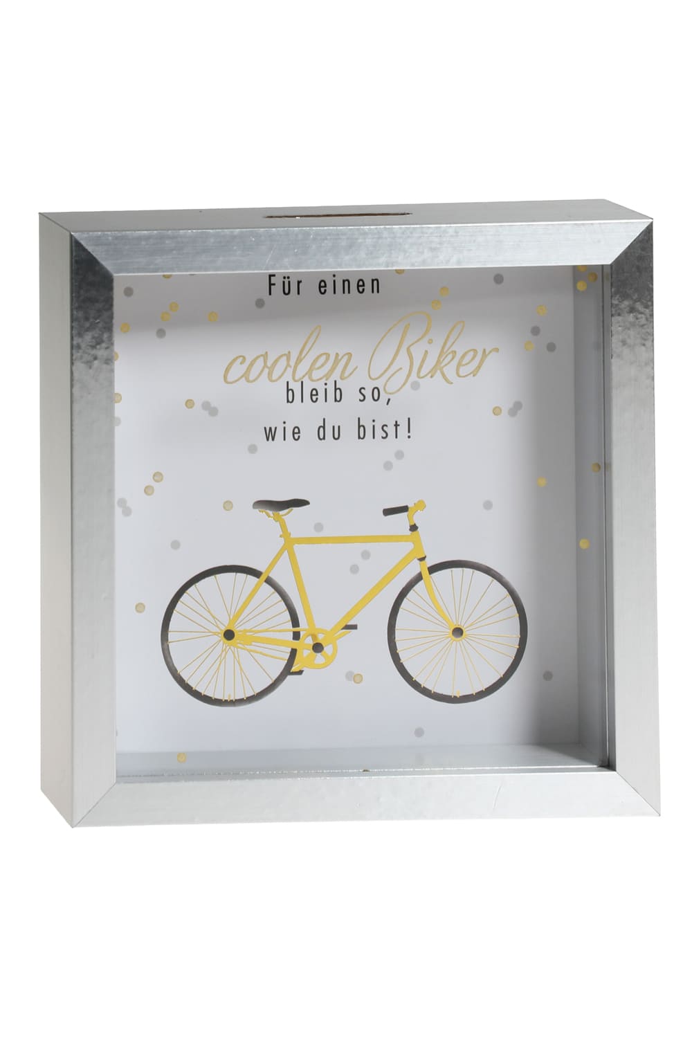 Das Velo Sparkaesseli als Geschenk fuer alle, die gerne Fahrrad fahren! Die Holz Spardose mit dem Spruch: Fuer einen coolen Biker. Bleib so, wie du bist! 