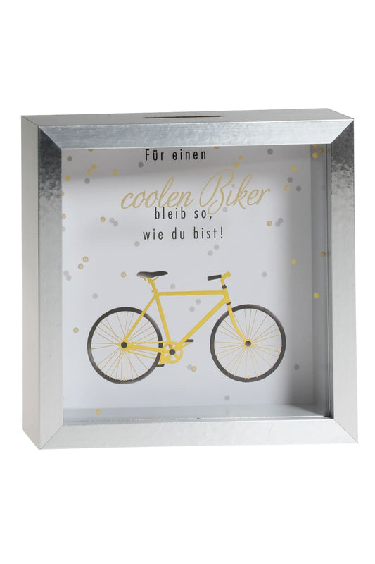 Das Velo Sparkaesseli als Geschenk fuer alle, die gerne Fahrrad fahren! Die Holz Spardose mit dem Spruch: Fuer einen coolen Biker. Bleib so, wie du bist! 