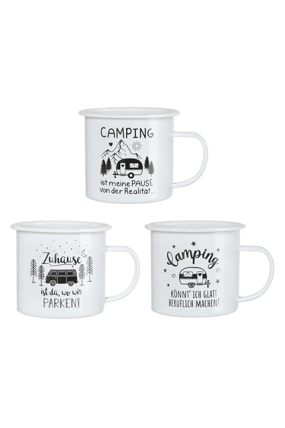 Diese Camping Emaille Tasse ist ein kreatives und praktisches Geschenk fuer alle Camper. Laessige Mug mit Wohnwagen und Wohnmobil Motiv sowie lustigen Spruechen (auswaehlbar). Camping ist meine Pause von der Realitaet. Camping koennt' ich glatt beruflich machen! Zuhause ist da, wo wir parken! 